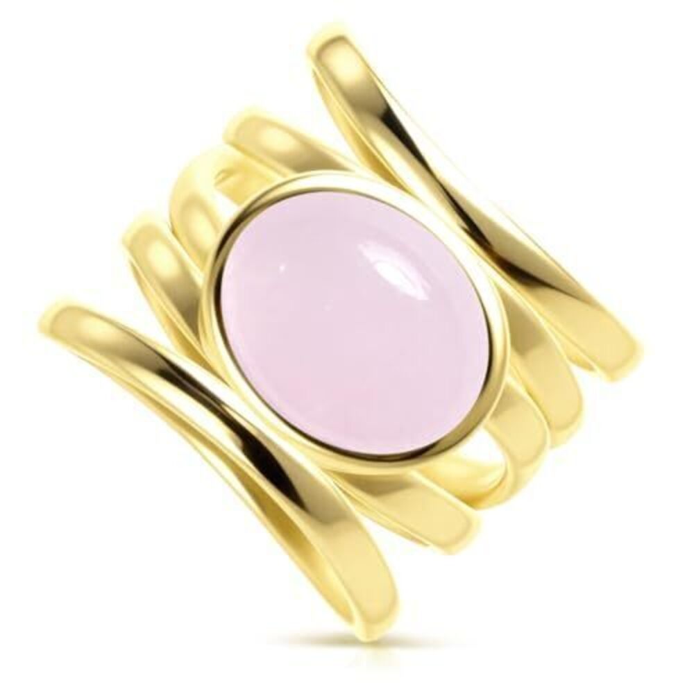 2504 Natural Rose Quartz Stone Multi-Lines Wide Ring,18K Yellow Gold Plated